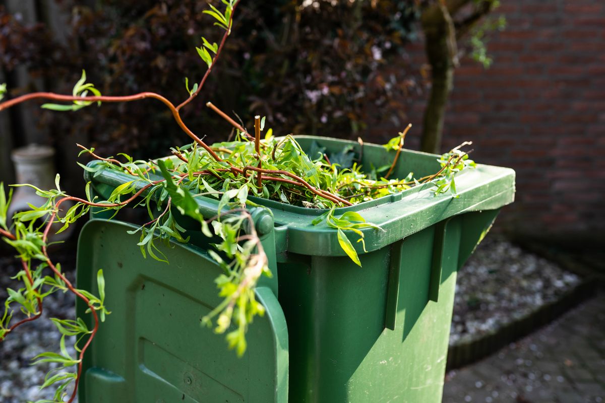 Green wheelie bin / garden waste container and broom filled with fruit and vegetable waste, garden waste, organic waste for composting and fermentation.