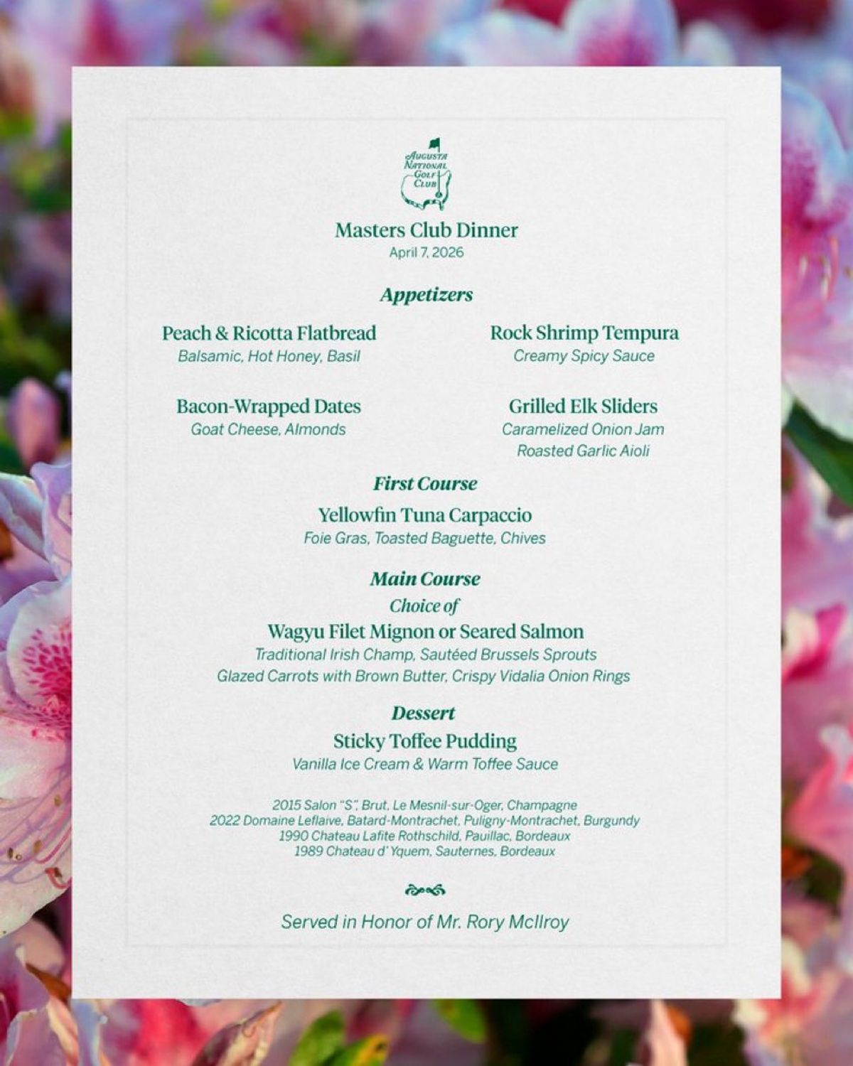 Rory McIlroy's Masters dinner menu