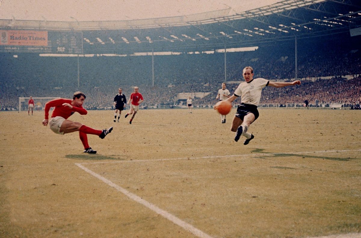 Geoff Hurst scoring England's third goal against West Germany in the World Cup final