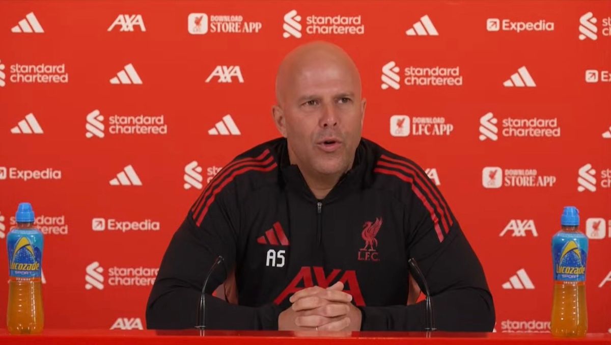 Arne Slot speaking during a Liverpool press conference