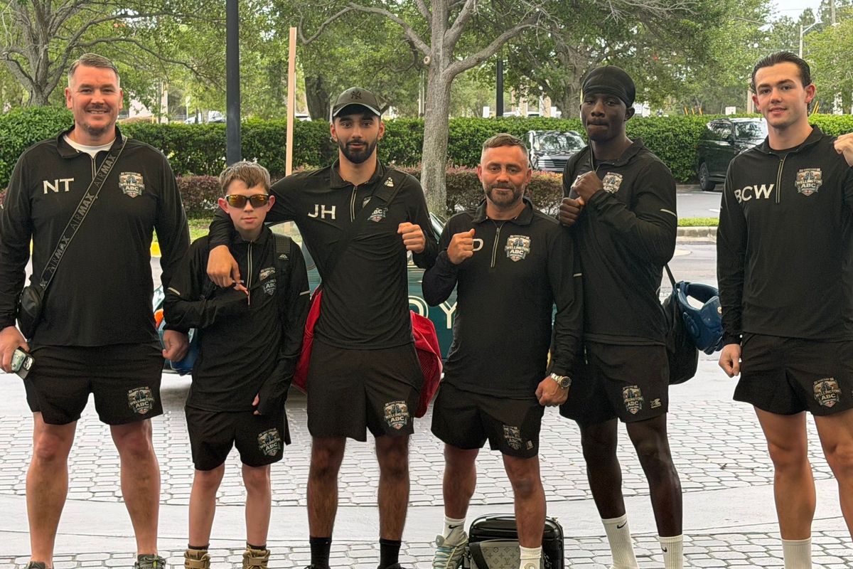(L-R) Nathan Thompson, Bobby Lloyd Thompson, Javid Hossini, Michael Debnath, Galleye Diagne, and Blake Reay, from Wellington Amateur Boxing Club in Middlesbrough