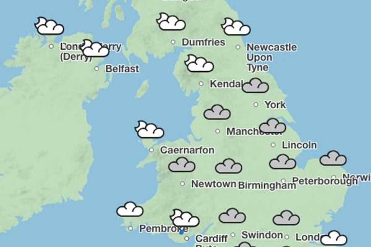 A detailed map displaying the weather forecast for various regions within the United Kingdom. The map features different symbols indicating various weather conditions such as clear skies, clouds, and precipitation. The regions are color-coded to reflect the forecasted weather, with labels providing additional information about the climate in each area.