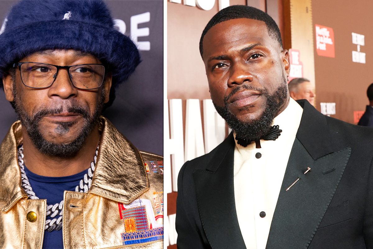 Separate pictures of two bearded men, one wearing glasses, a furred blue hat and gold jacket, the other wearing a black tuxedo