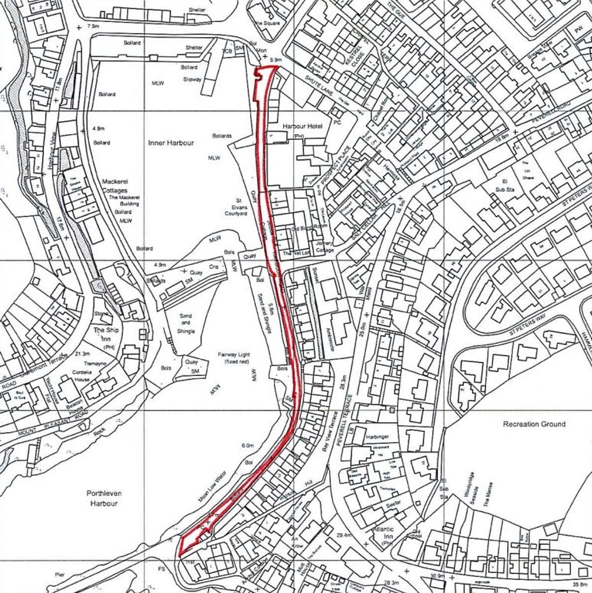The red line shows where parking charges will be introduced next to Porthleven harbour