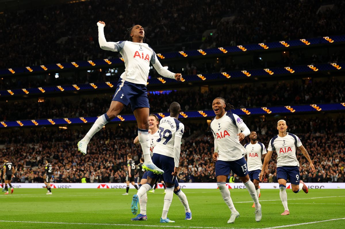 Mathys Tel of Tottenham Hotspur celebrates after putting Spurs in front against Leeds