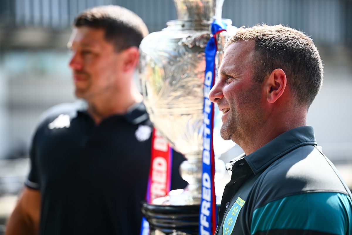 Hull KR head coach Willie Peters with the Challenge Cup and Wigan Warriors' Matt Peet