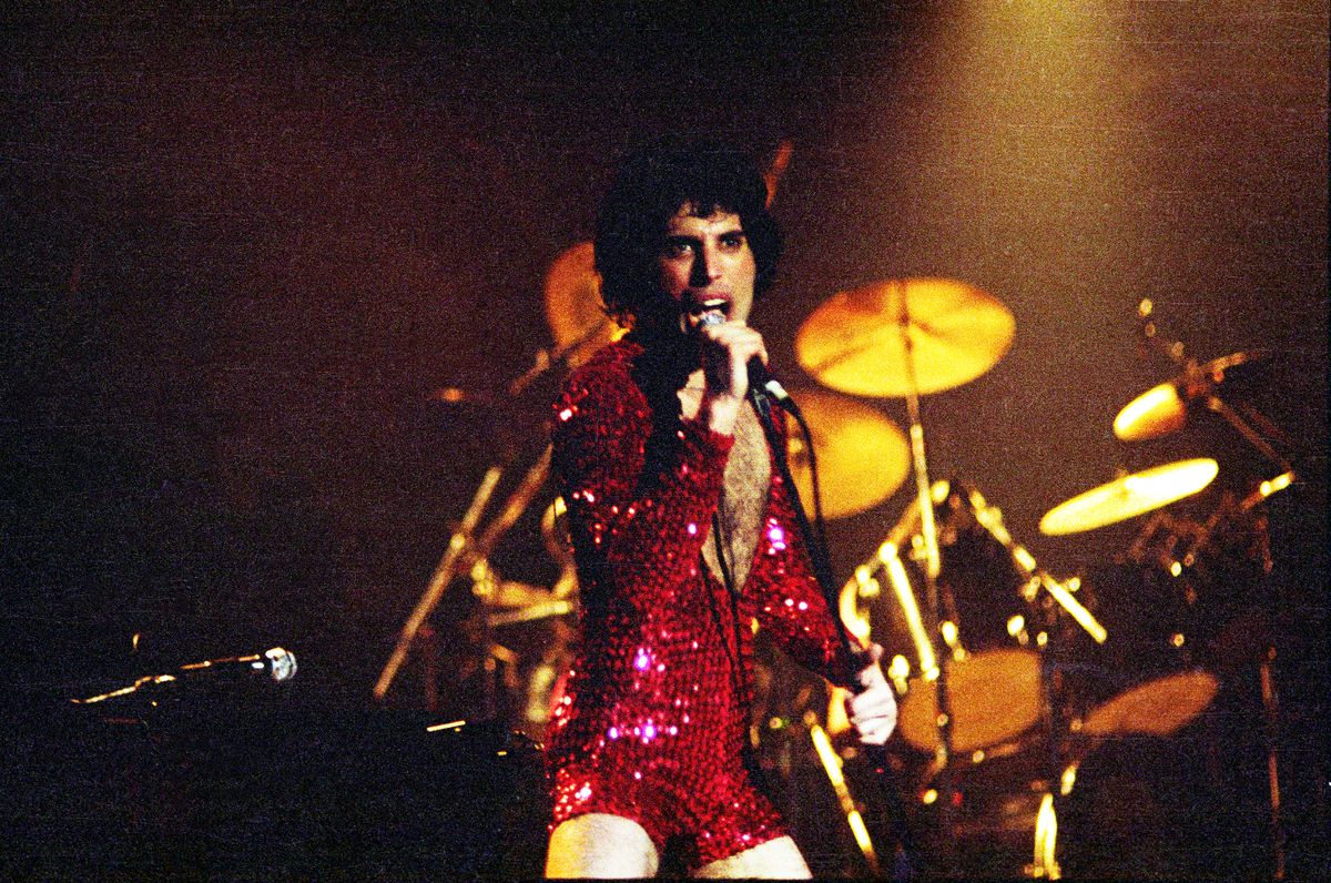 Freddie Mercury of Queen performs on stage at Wembley Arena, on May 11th, 1978 in London, England.