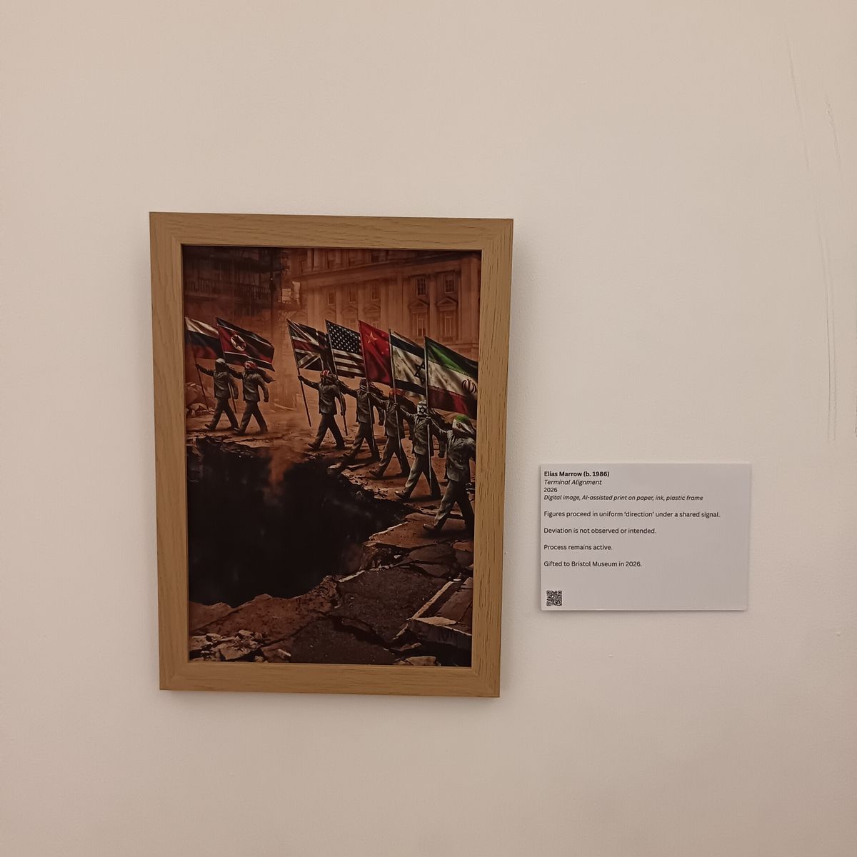 A piece of AI-generated artwork placed without permission in Bristol Museum and Art Gallery by controversial artist Elias Marrow, May 7, 2026