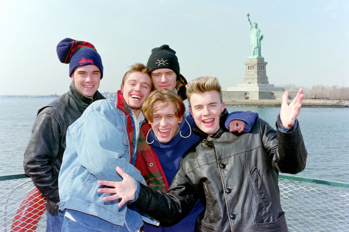 Mark Owen, Howard Donald, Gary Barlow, Robbie Williams and Jason Orange of Take That in New York, 1995