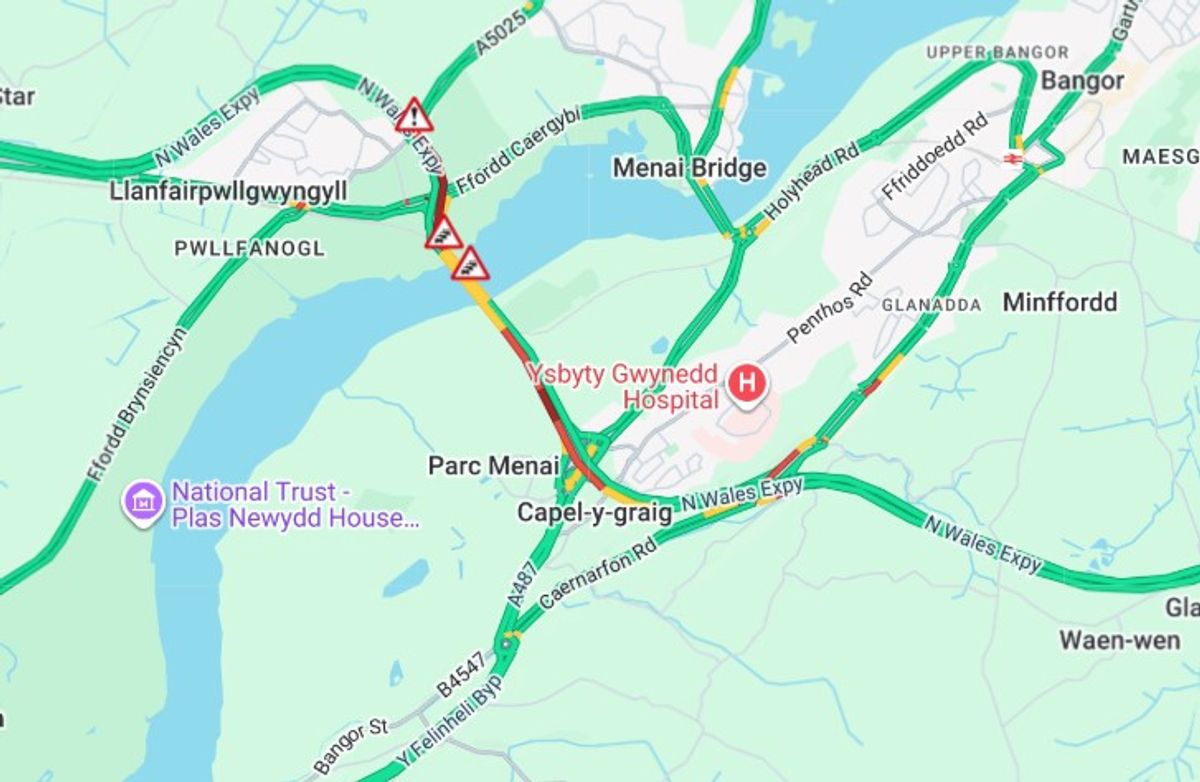 Delays after a vehicle overturned on the A55 between J9 A487 (Treborth) to J8 A5025 (Llanfair P.G.).