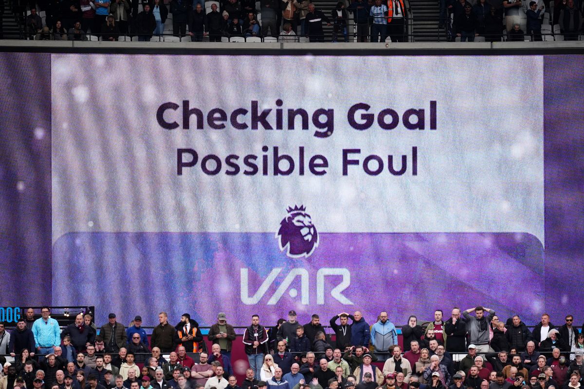 The big screen showing a VAR check for a foul on Arsenal goalkeeper David Raya in the build up to West Ham United's Callum Wilson goal