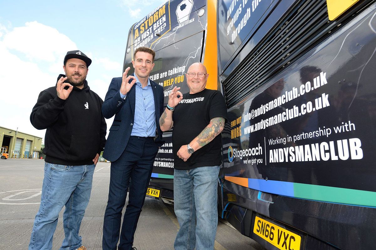 30/04/26 - A specially branded bus is set to visit Hull, offering local men the chance to step on board for a private chat or a friendly conversation about their mental health, with respected charity Andy’s Man Club. Local bus operator, Stagecoach East Midlands, is a keen supporter of the organisation and, last year, wrapped two of its vehicles, in Hull, with AMC branding, in the hope that more men will realise that #ITSOKAYTOTALK. From left, Sean Gill, Zachary McAskill, Kevin Byant