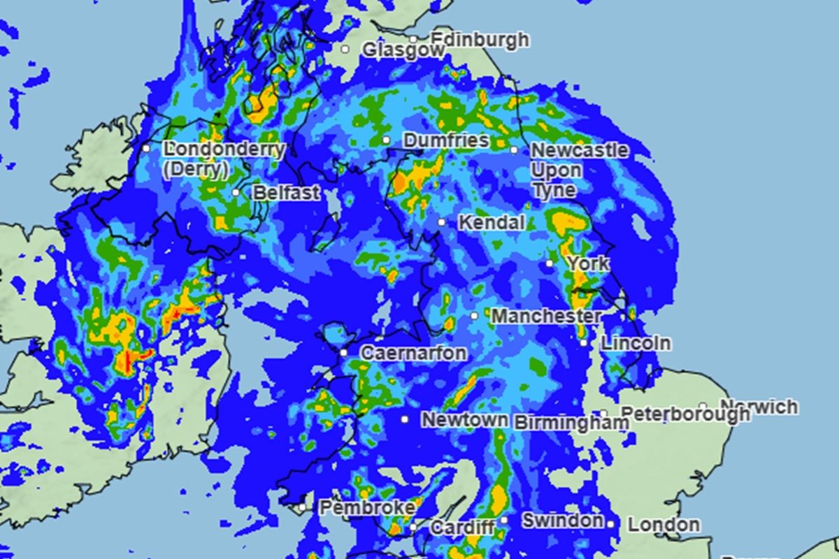 Met Office weather map showing rain across most of the UK