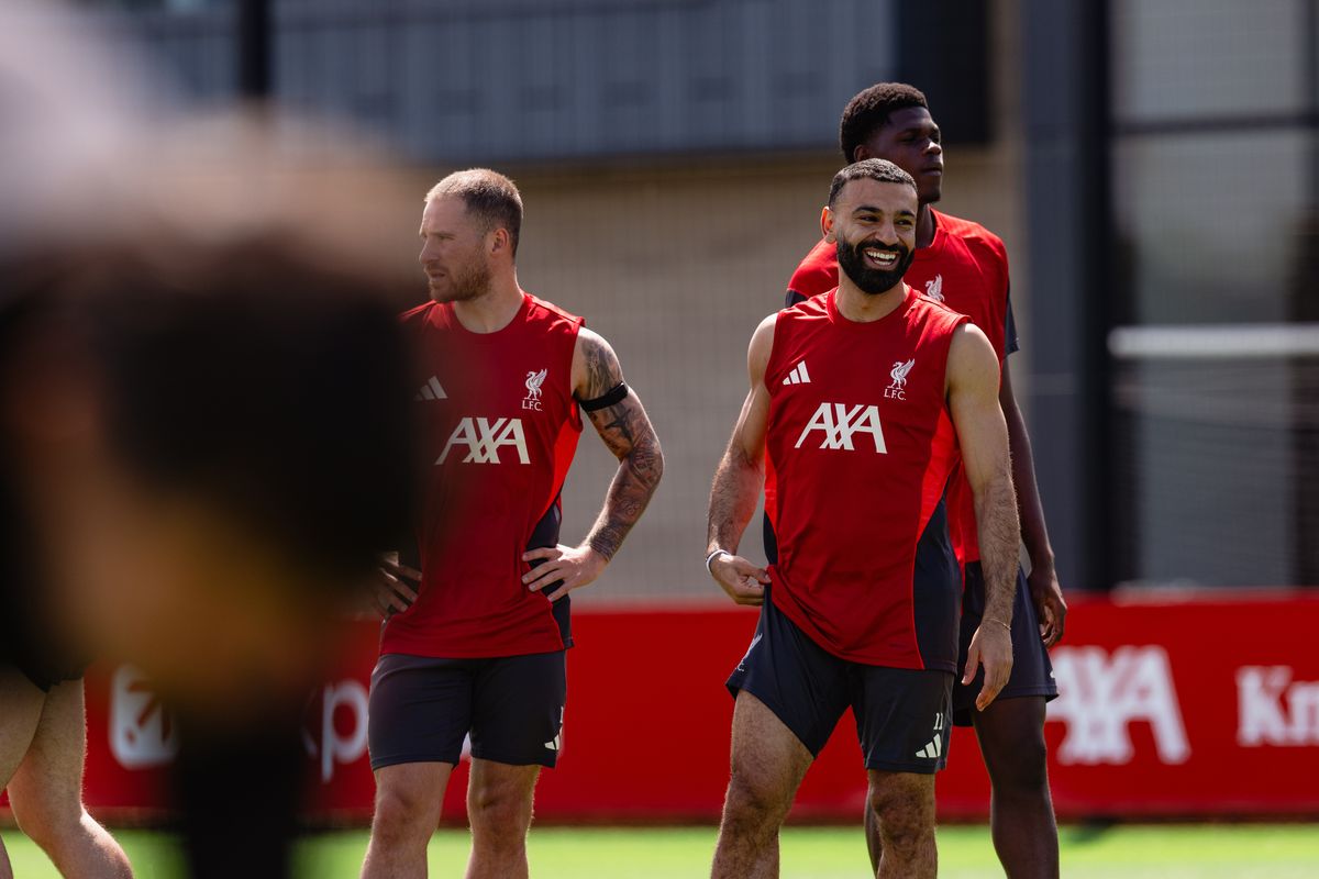 Mohamed Salah of Liverpool during a training session at AXA Training Centre on May 23, 2026 in Kirkby, England