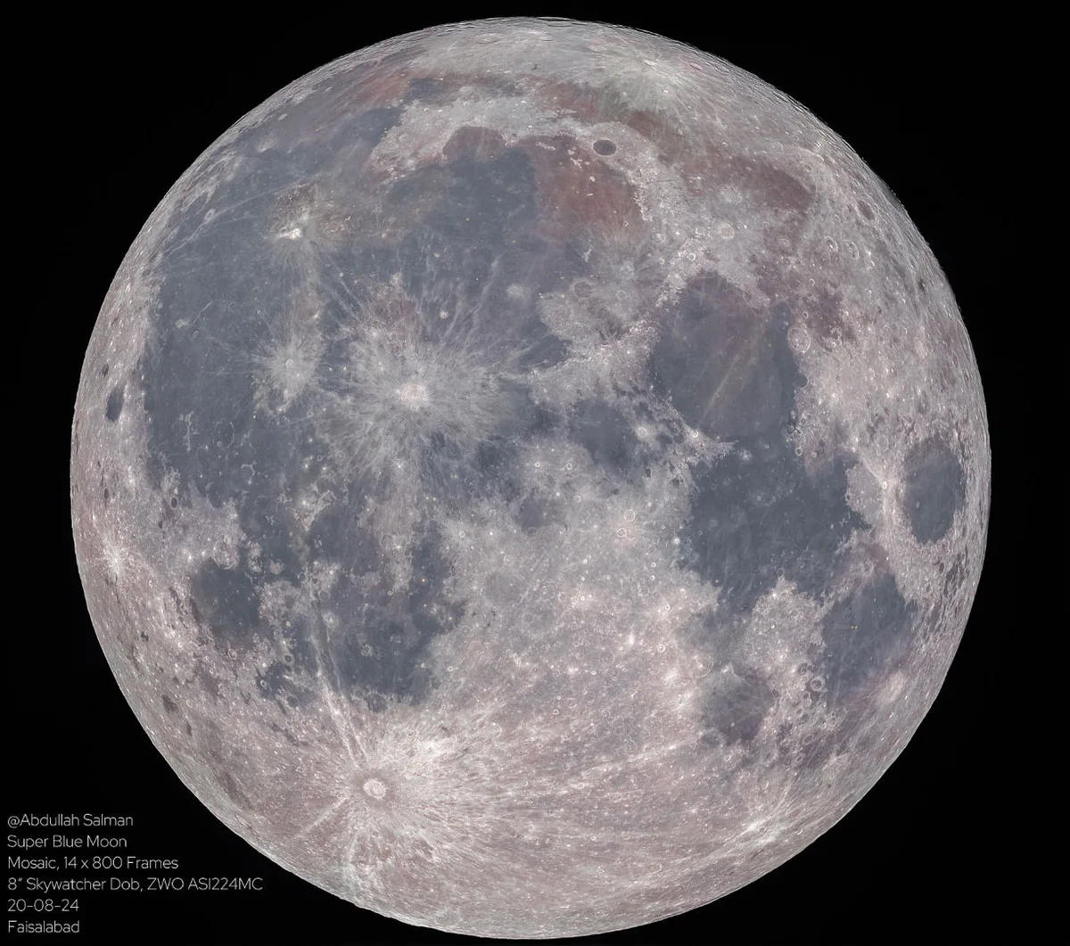 Super Blue Moon Abdullah Salman, Faisalabad, Pakistan, 20 August 2024 Equipment: ZWO ASI224MC camera, Sky-Watcher 8-inch SynScan Dobsonian