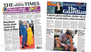 "Burnham backs state control in blast at Blair" reads the headline on the front page of the Times.