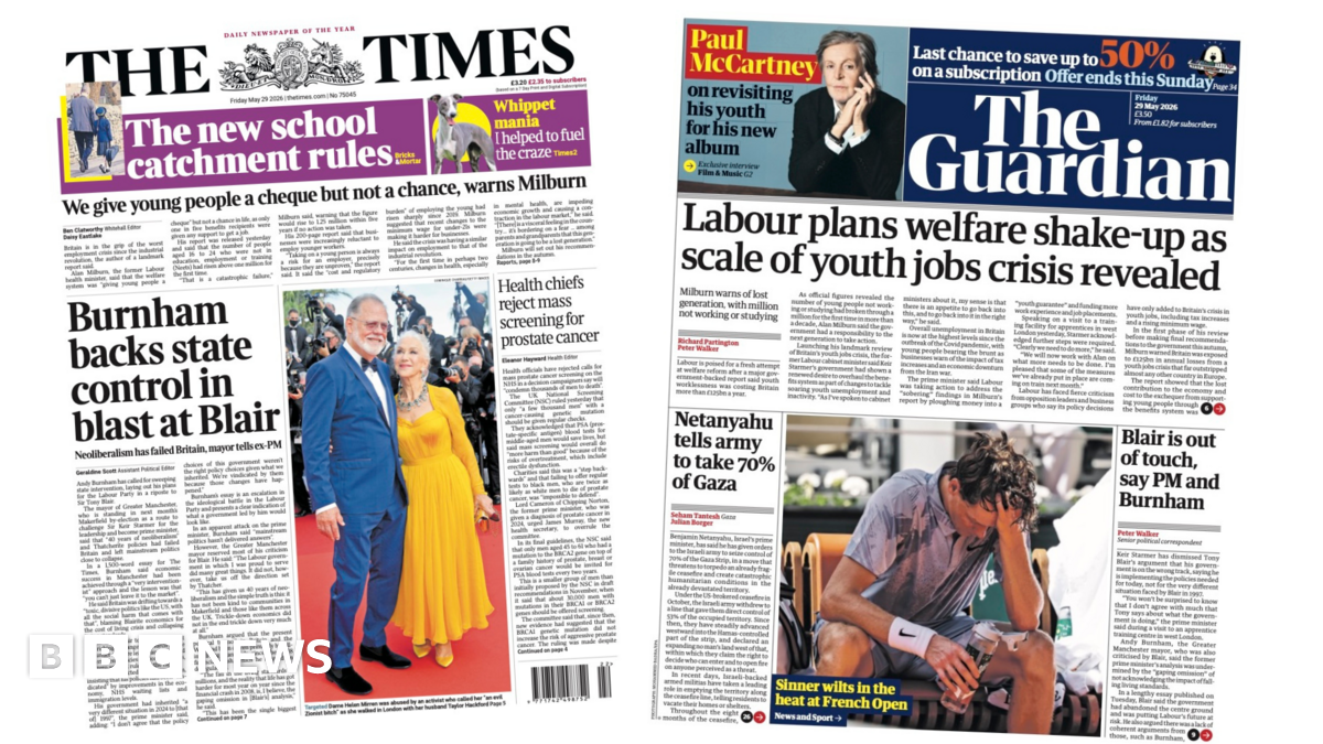 "Burnham backs state control in blast at Blair" reads the headline on the front page of the Times.