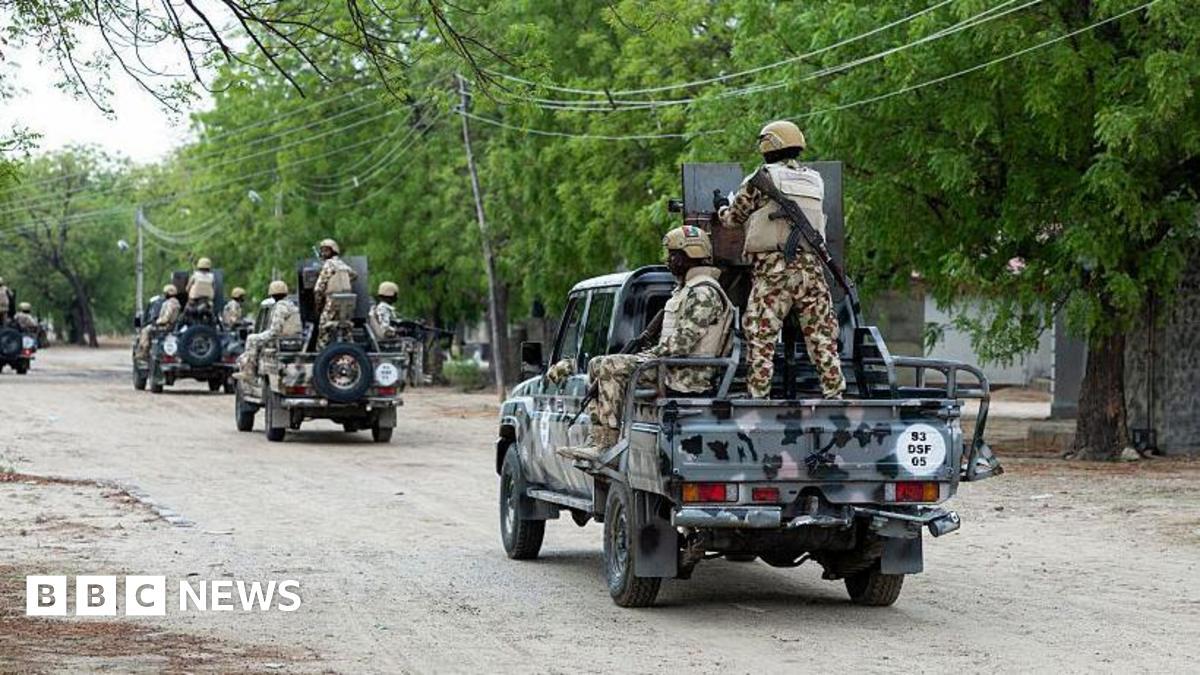 Nigerian soldiers from the Multinational Joint Task Force (MNJTF) drive around in pick-ups during training at the MNJTF military base, Sector 3 Headquarters, in Monguno, Borno state, Nigeria, on July 5, 2025.