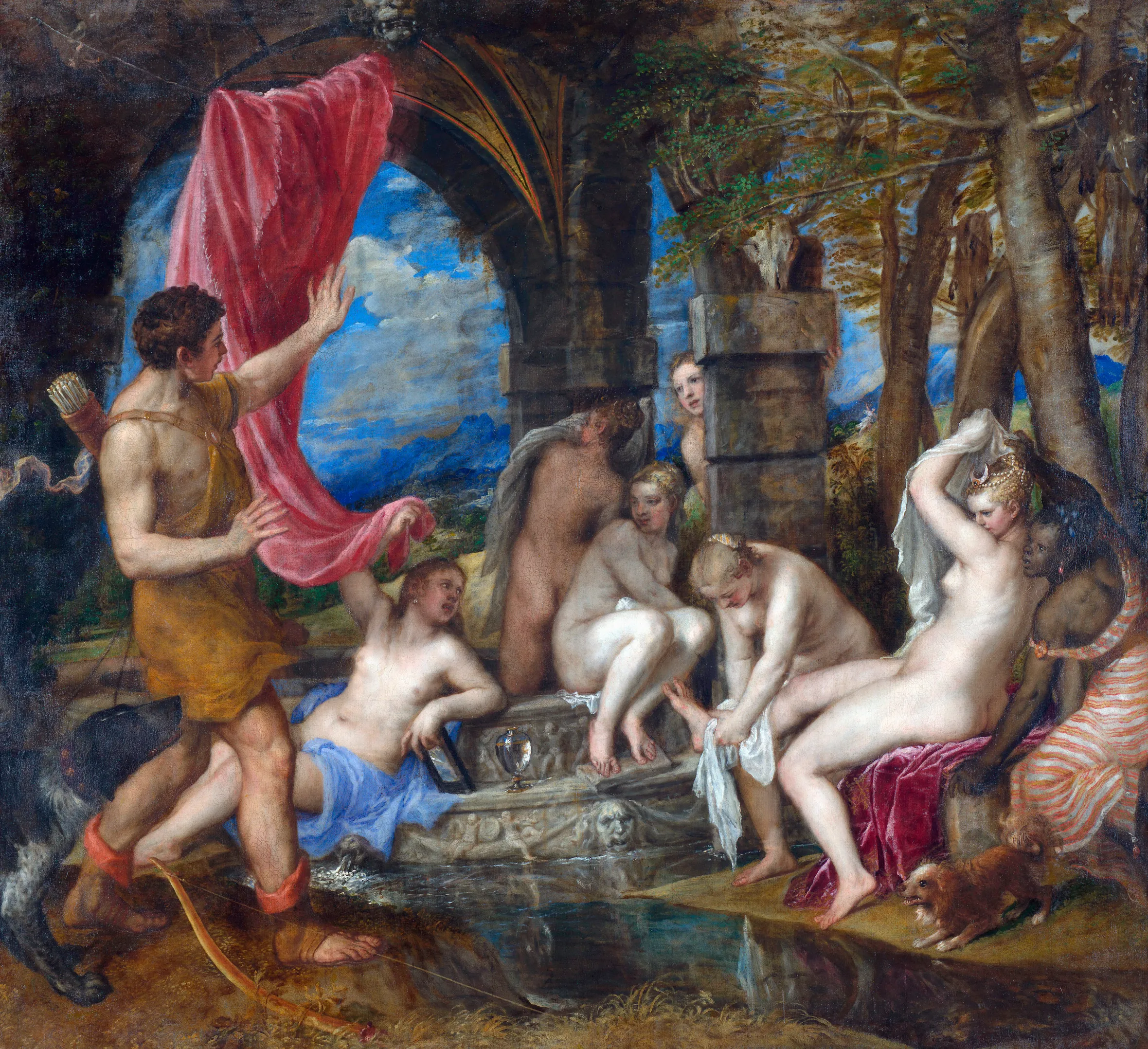 Illustration of Diana and Actaeon by Titian, depicting Actaeon surprising Diana and her nymphs bathing.