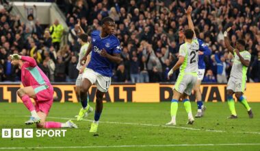 Everton's Thierno Barry celebrates scoring his side's second goal as Manchester City players appeal for offside