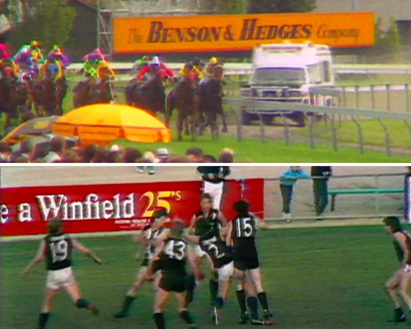 Archival photos show tobacco ads on signage in the background of a horse race and AFL game.