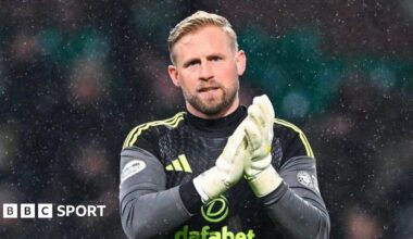 Kasper Schmeichel with the Scottish Premiership trophy