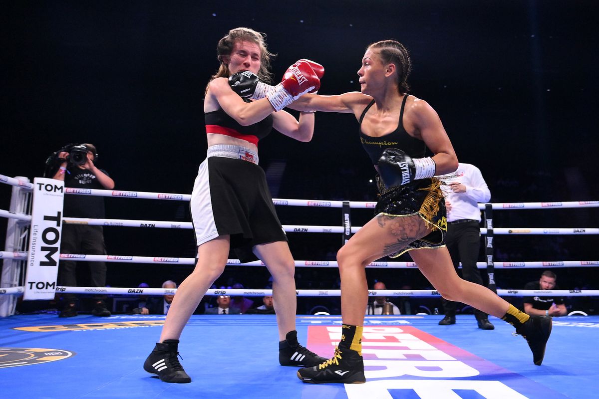 Tiah Mai Ayton punches Sara Orszagi during the Women's Super Bantam weight fight between Tiah Mai Ayton and Sara Orszagi at BP Pulse Live on June 21, 2025 in Birmingham, England