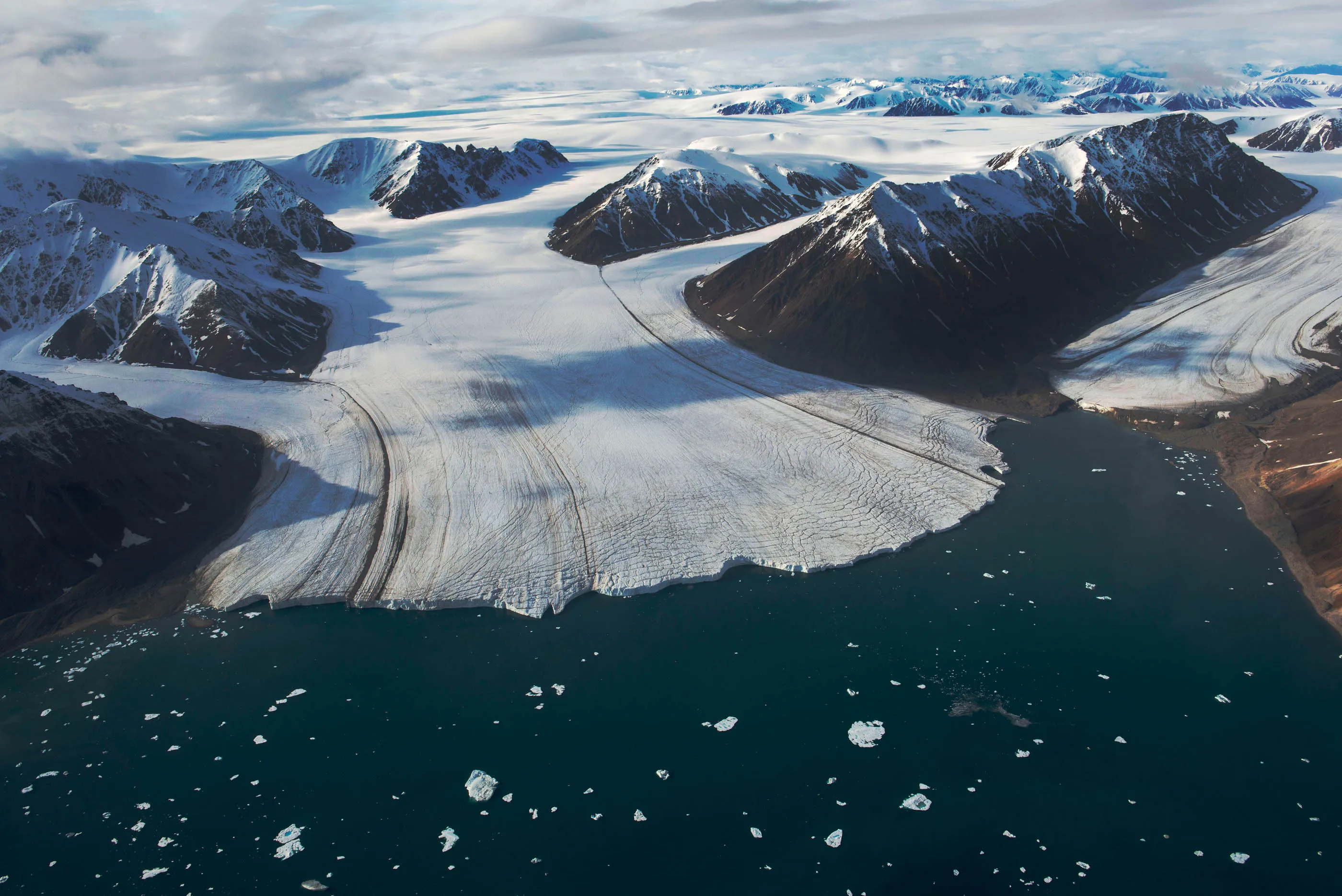 A glacier on the Ellesmere Island in the Canadian archipelago and pictured from an aircraft in August 2018.
