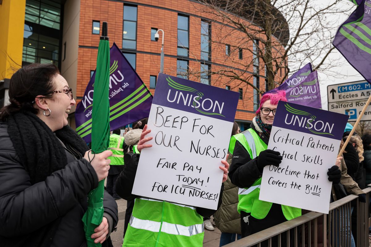 Staff at Salford Royal Hospital are on strike over overtime pay.