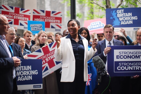 Britain's Conservative Party leader Kemi Badenoch meets supporters in Westminster after the Tories took control of Westminster City Council from Labour in the local elections, in London, Friday May 8, 2026. (James Manning/PA via AP)