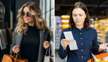 split photo of two different women: one is carrying shopping bags in a high end retail store. The other is looking over a receipt from a grocery shopping as she carries the shopping cart.