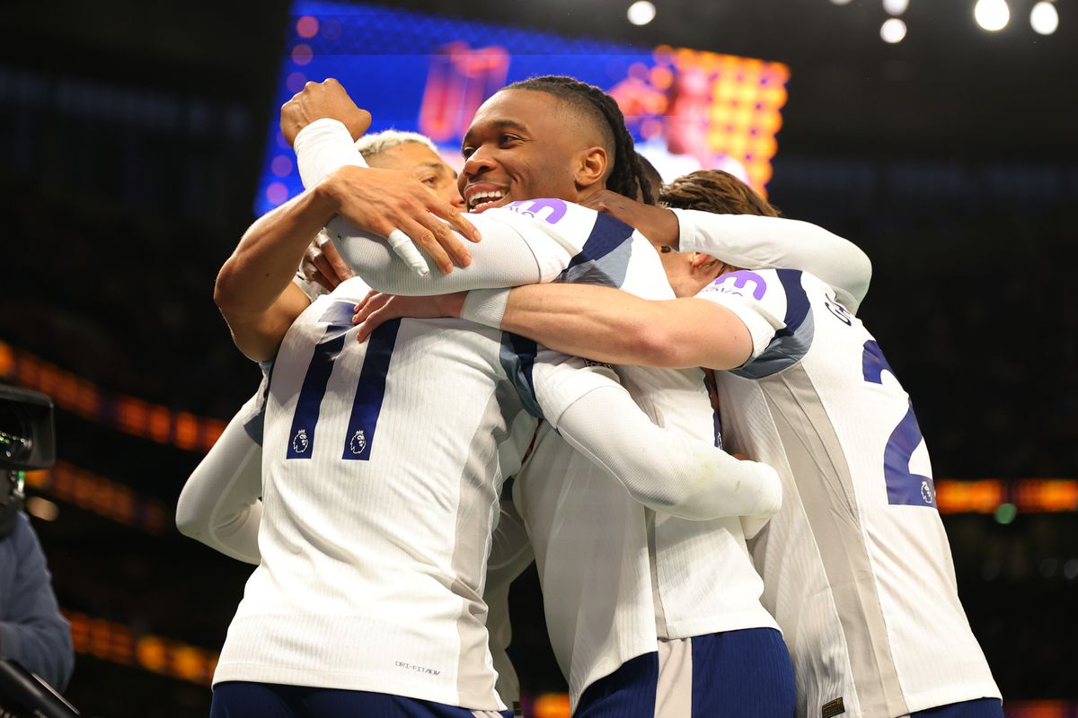 Mathys Tel celebrates after he scored during the Premier League match between Tottenham Hotspur and Leeds United.
