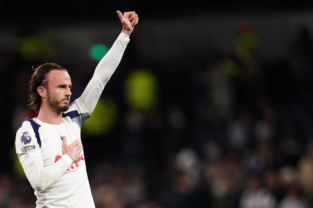 James Maddison thanks the Tottenham Hotspur supporters after making his return from injury during the Premier League match against Leeds United