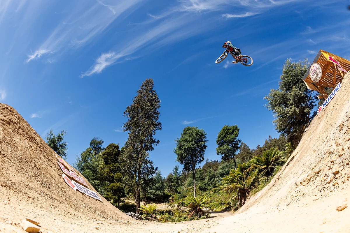Laurie Greenland riding a Santa Cruz V10 downhill bike at Red Bull Hardline Tasmania 2025