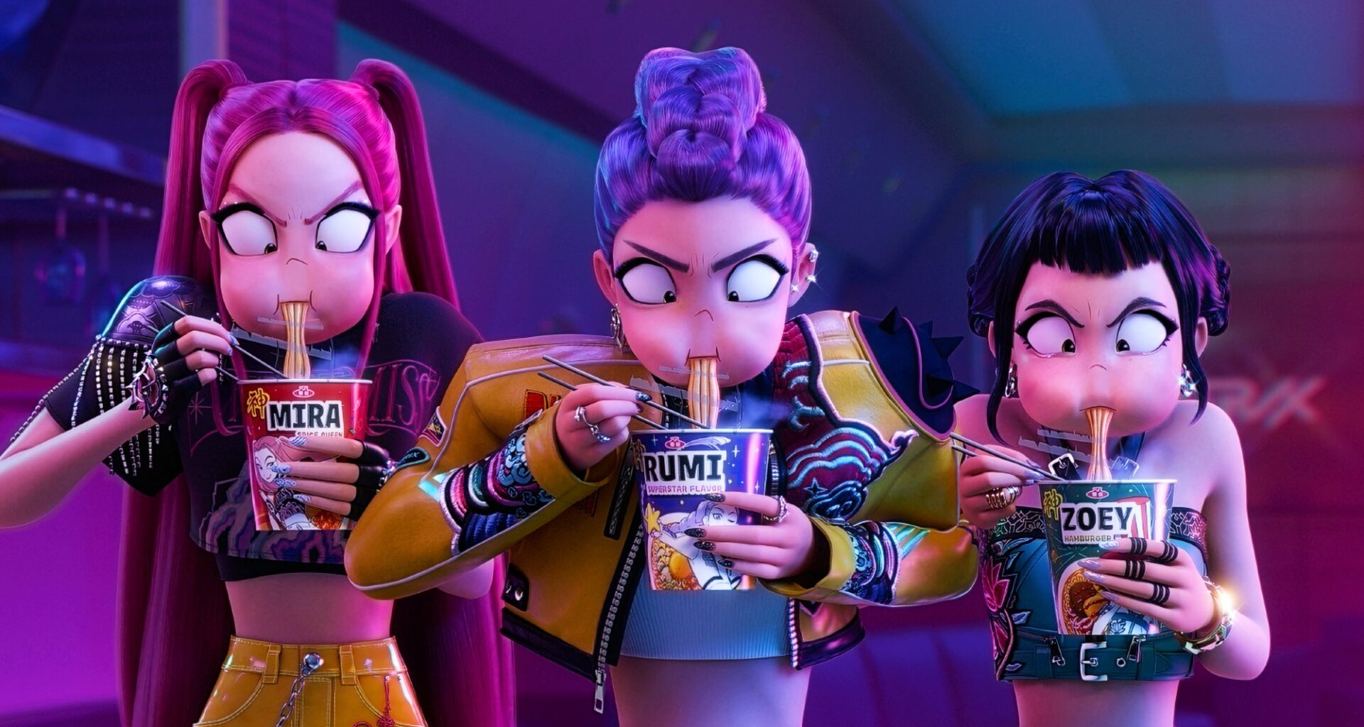 Mira, Rumi, and Zoey eating noodles in KPop Demon Hunters