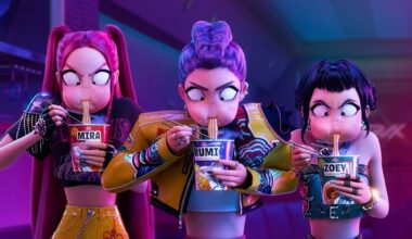 Mira, Rumi, and Zoey eating noodles in KPop Demon Hunters