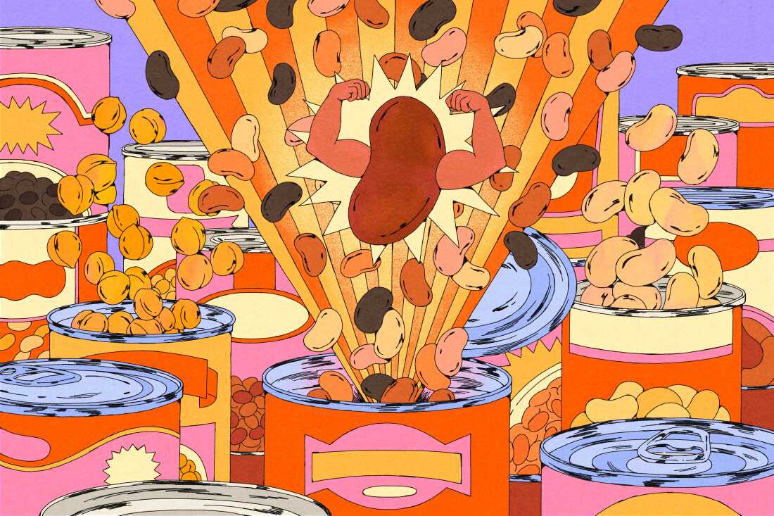 In this illustration, a giant kidney bean flexes its arms against a backdrop of cans of beans, where various types of beans are exploding out of the tops.