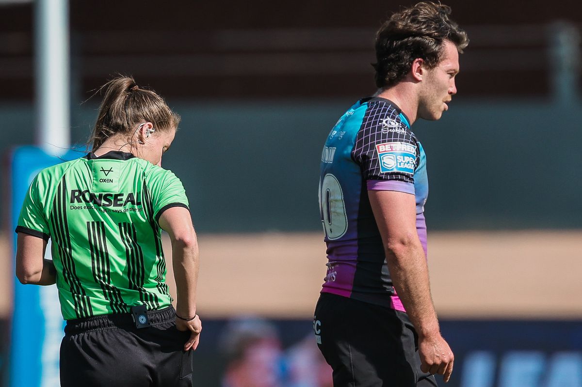 Hull FC forward Yusuf Aydin is shown a red card by referee Tara Jones.