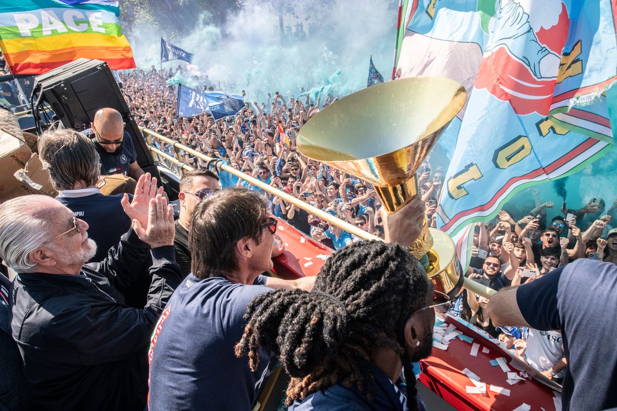 Head Coach Antonio Conte of SSC Napoli celebrates inside the team bus following the club’s Scudetto victory on May 26, 2025, in Naples, Italy.