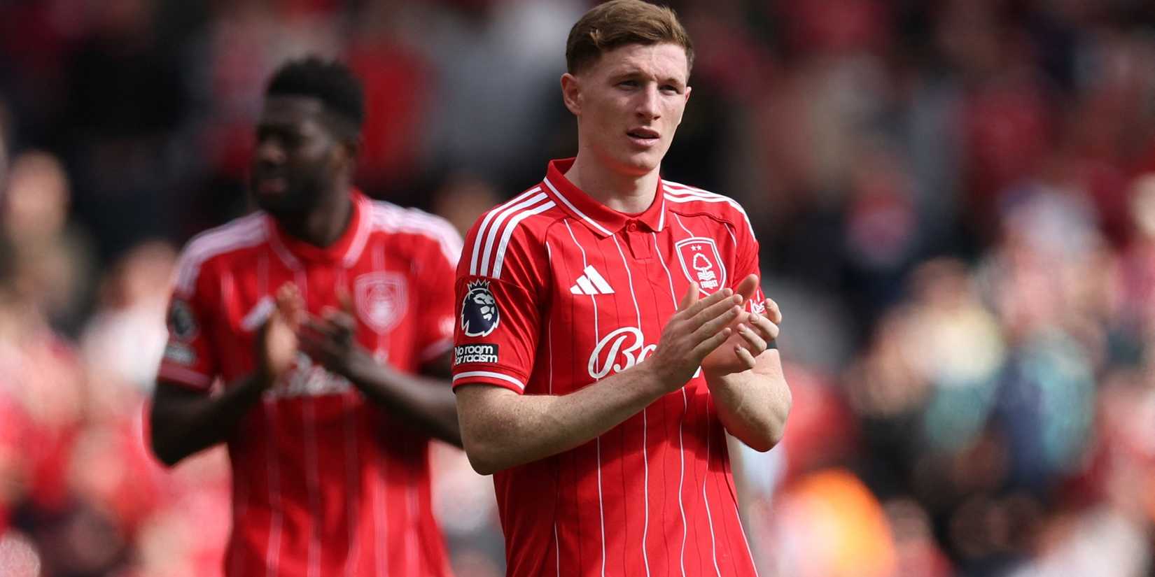 Nottingham Forest's Elliot Anderson applauds fans after the match