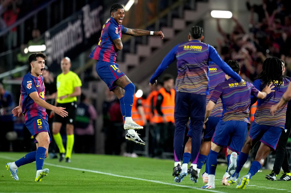 Marcus Rashford of FC Barcelona celebrates scoring his team's first goal with teammates during the LaLiga EA Sports match between FC Barcelona and Real Madrid CF at Spotify Camp Nou on May 10, 2026 in Barcelona, Spain.