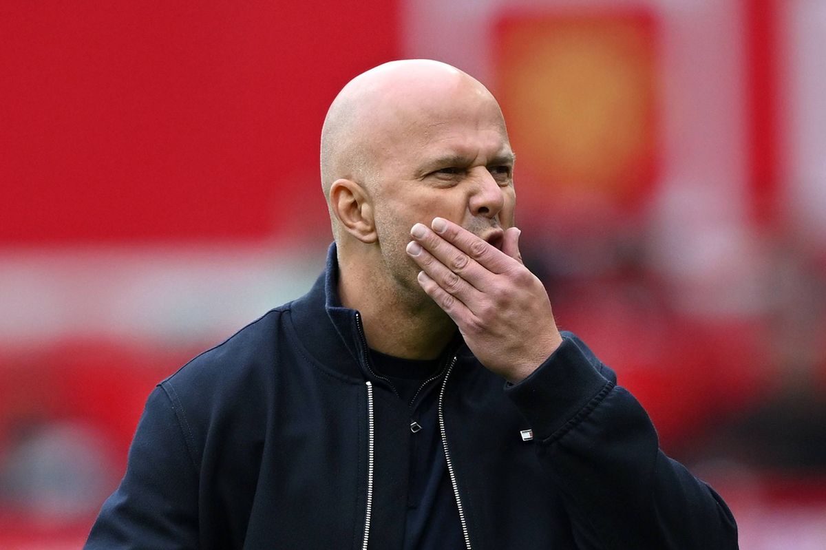 Arne Slot, Manager of Liverpool, reacts during the Premier League match between Manchester United and Liverpool