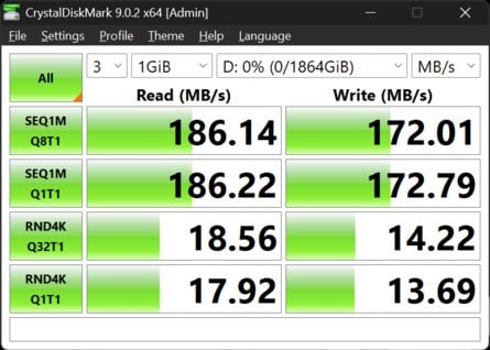 Here's CrystalDiskMark in its rare non-anime edition. Internal SSD on the left, Micro SD card on the right. 