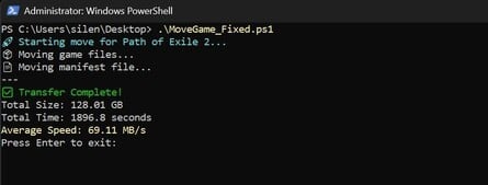 Transferring a mid-size 128GB Path of Exile 2 game installation takes quite a while - 31 minutes and 37 seconds. That works out to 69MB/s. Going the other way, Micro SD to SSD, and the transfer finishes in 22 minutes and 22 seconds, a rate of 98MB/s. 