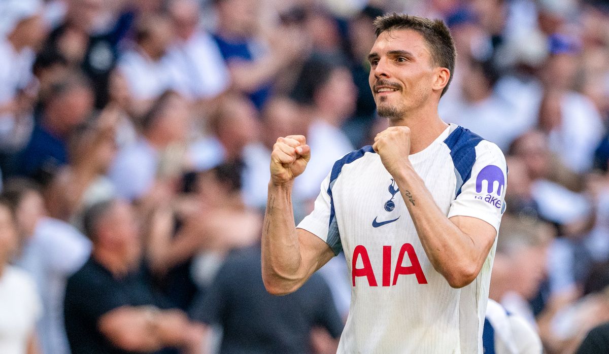 Joao Palhinha celebrates after the final whistle during the Premier League match between Tottenham Hotspur and Everton at Tottenham Hotspur Stadium.