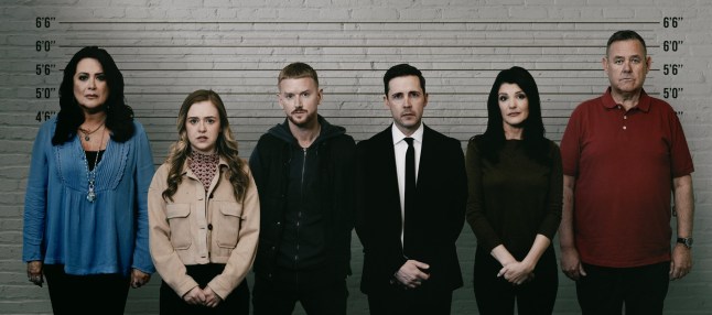Christina Boyd, Summer Spellman, Gary Windass, Todd Grimshaw, Danielle Silverton and George Shuttleworth stood in a suspects lineup