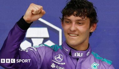 Kimi Antonelli celebrates with members of his Mercedes team after winning the Miami Grand Prix