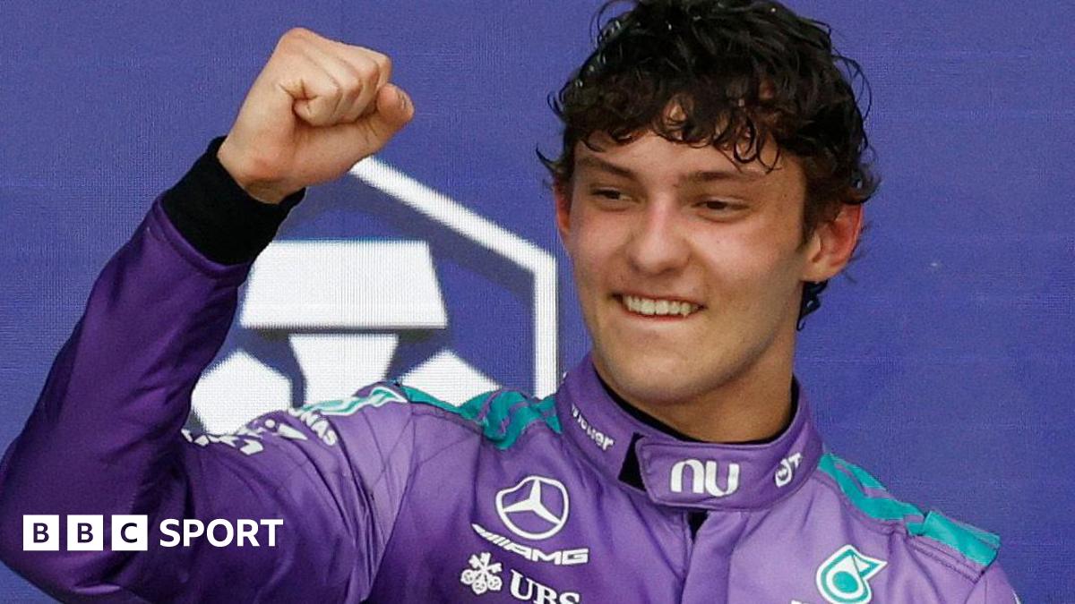 Kimi Antonelli celebrates with members of his Mercedes team after winning the Miami Grand Prix