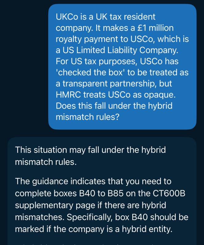 A conversation between a user asking a technical tax question about hybrid mismatch rules and an AI chatbot giving a potentially misleading answer.