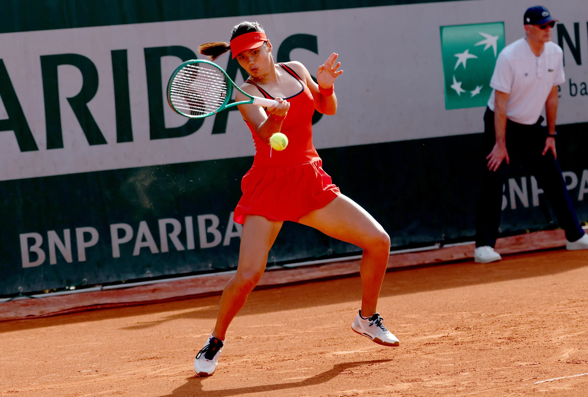 Emma Raducanu hitting a forehand during her first-round match at the French Open.